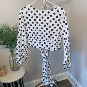 White top black polkadots tie in the back size small